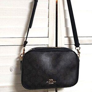 Coach Signature Jes Crossbody Camera Bag Canvas & Leather Double Zip Brown/Black